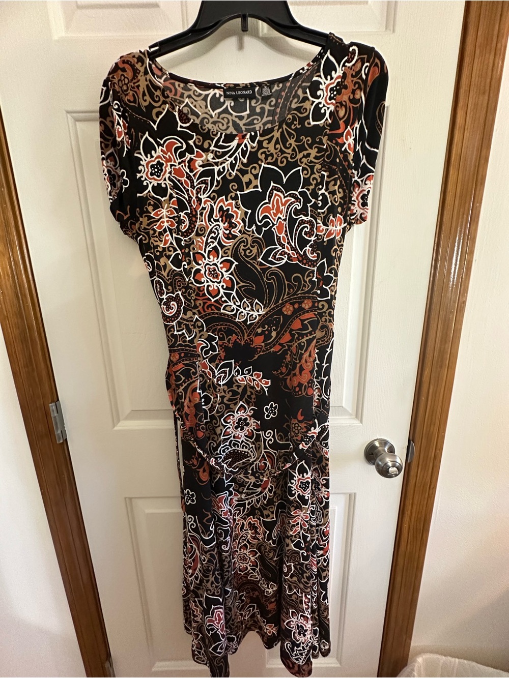 Nina Leonard Black Floral Paisley Short Sleeve Maxi Dress